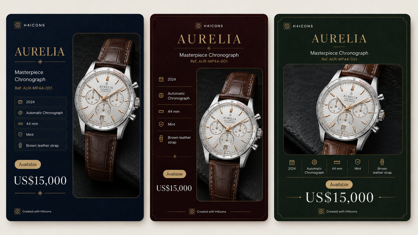 Three H4icons card designs featuring the same Aurelia chronograph watch.