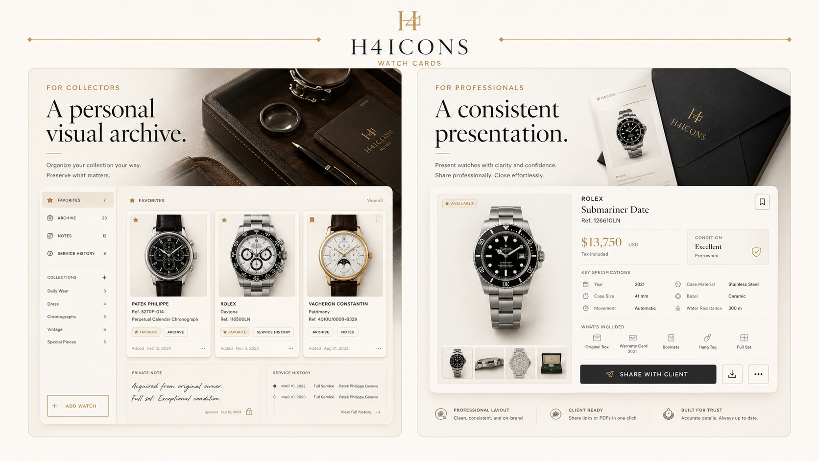 H4icons use-case panels for collectors and professionals showing a personal archive and a client presentation.