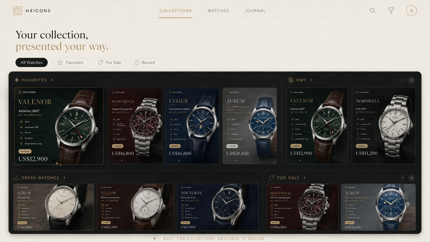 H4icons visual watch collection organized into Favorites, GMT, Dress Watches and For Sale.
