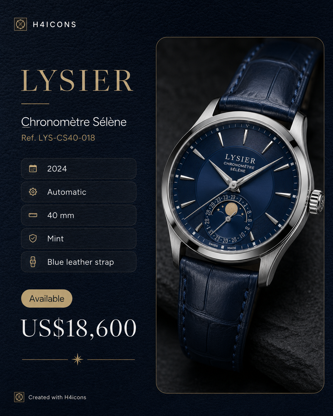 H4icons luxury watch card with a blue moonphase watch
