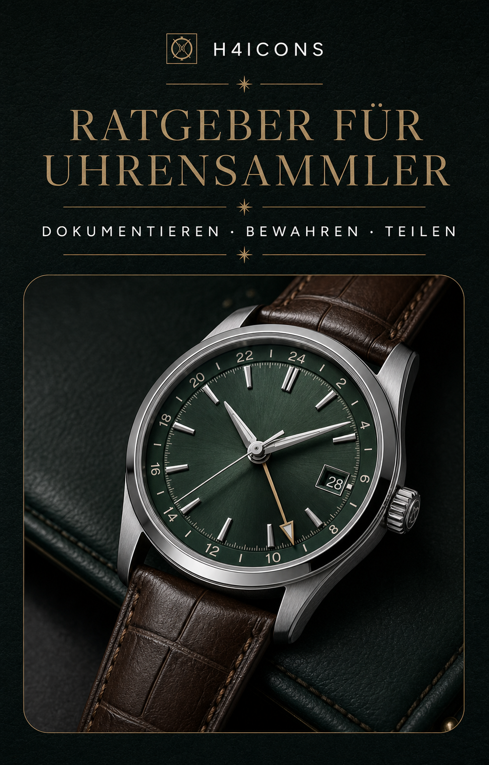 H4icons Editorialkarte für Uhrensammler-Ratgeber mit einer grünen GMT-Uhr.