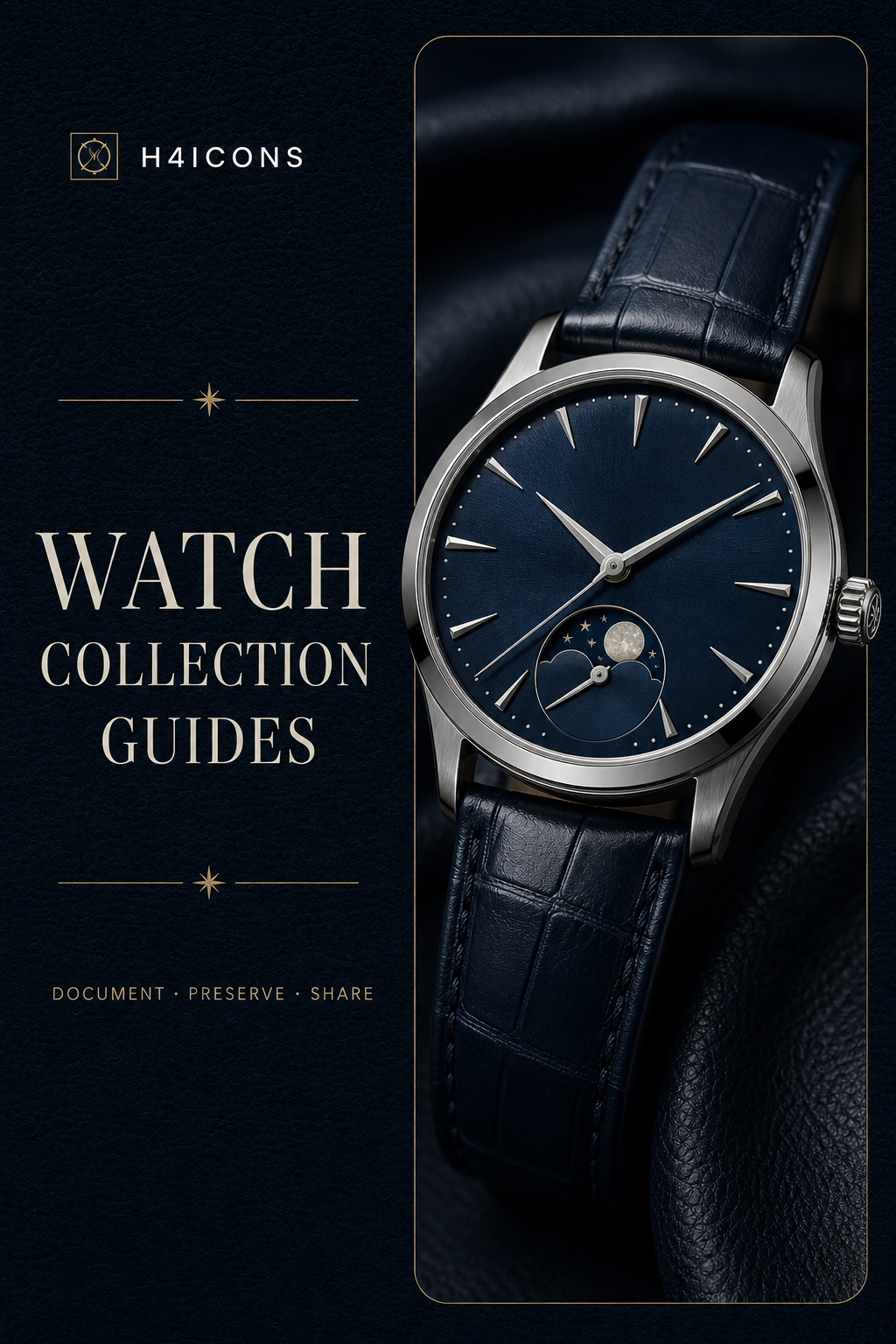 H4icons editorial card for watch collection guides, featuring a blue moonphase watch.
