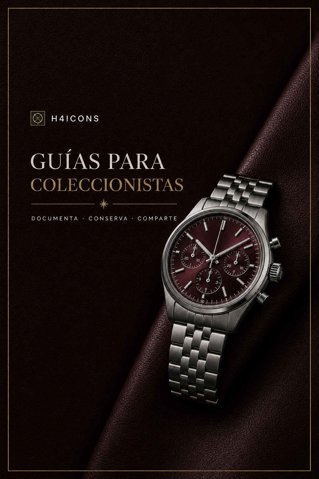 Tarjeta editorial de H4icons para las guías de coleccionismo de relojes, con un cronógrafo burdeos.