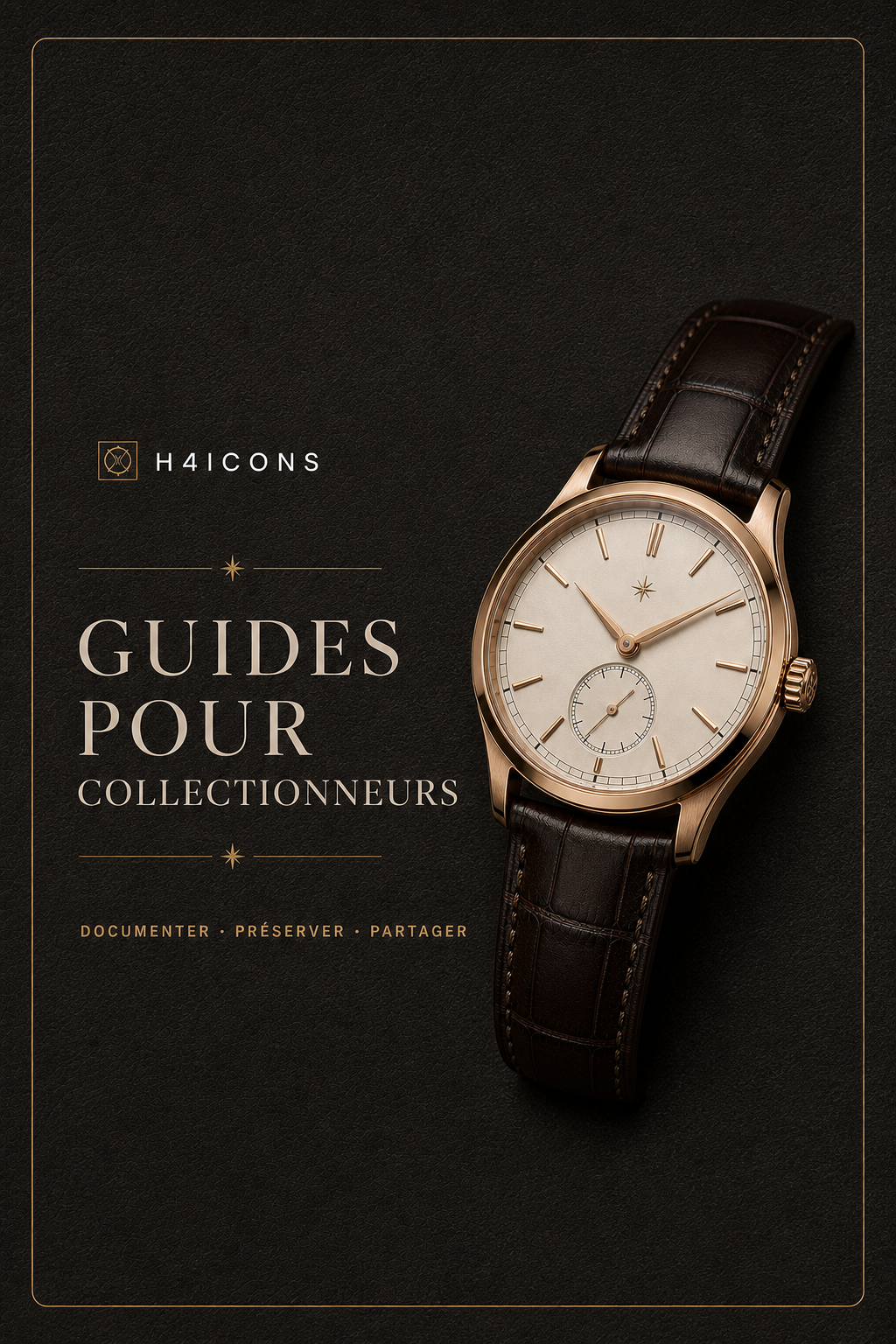 Carte éditoriale H4icons pour les guides de collectionneurs, avec une montre habillée en or rose.