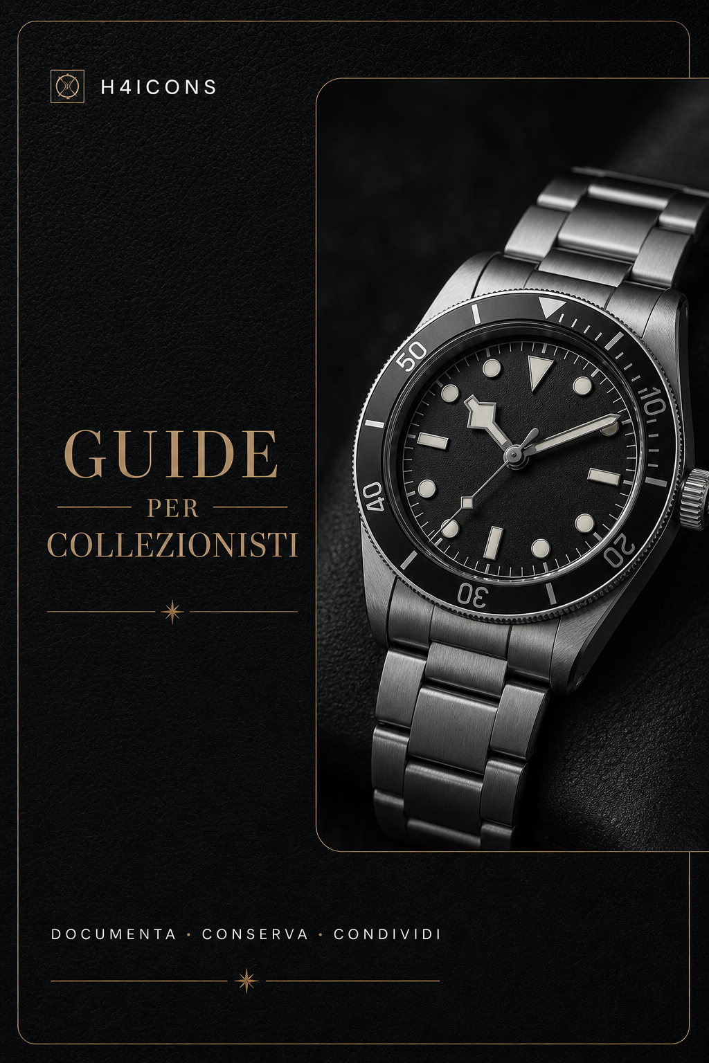 Card editoriale H4icons per le guide dedicate ai collezionisti, con un orologio sportivo nero.